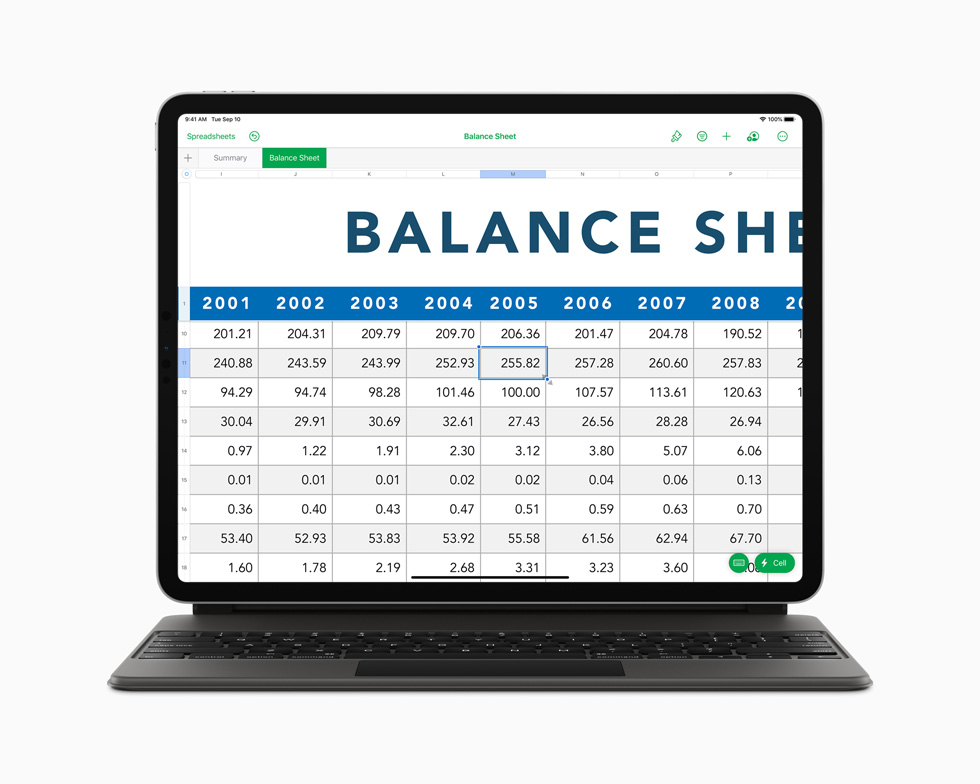 Magic Keyboard’a sahip yeni iPad Pro’da Numbers uygulaması.
