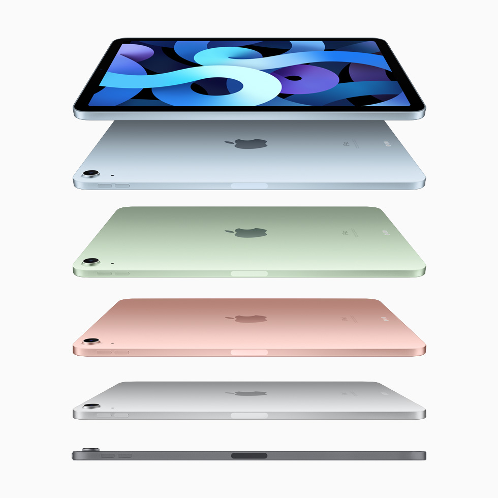 Gök mavisi, yeşil, gümüş ve uzay grisi iPad Air.