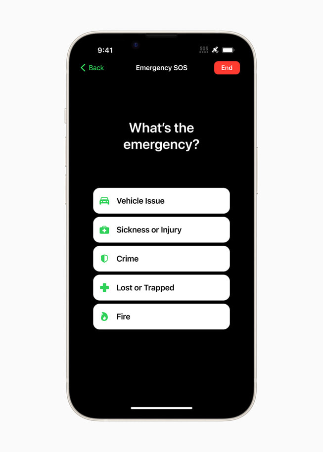 iPhone’daki Acil SOS ekranı kullanıcıya “Acil durum nedir?” sorusunu soruyor ve kullanıcının “araç sorunu”, “hastalık veya yaralanma”, “suç”, “kayboldum veya kapalı kaldım” ya da “yangın” gibi seçenekler arasından seçim yapmasına olanak tanıyor.