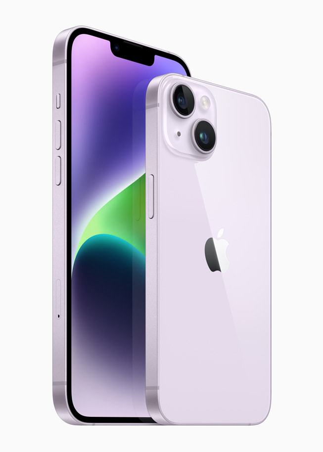 Mor renginde iPhone 14 ve iPhone 14 Plus gösteriliyor.