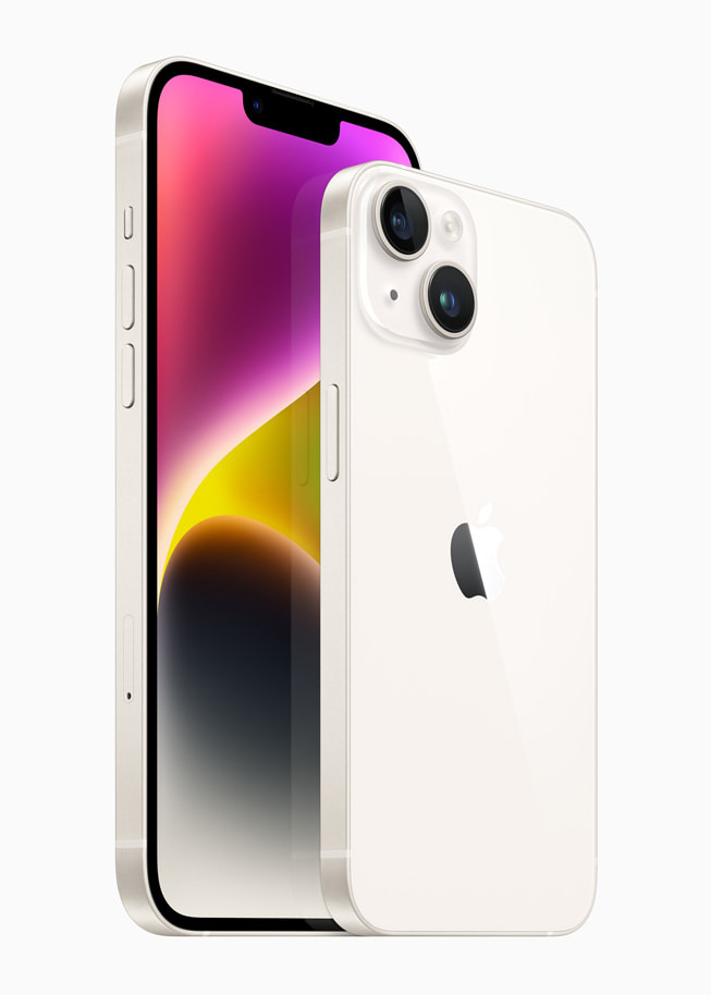 Yıldız ışığı renginde iPhone 14 ve iPhone 14 Plus gösteriliyor.