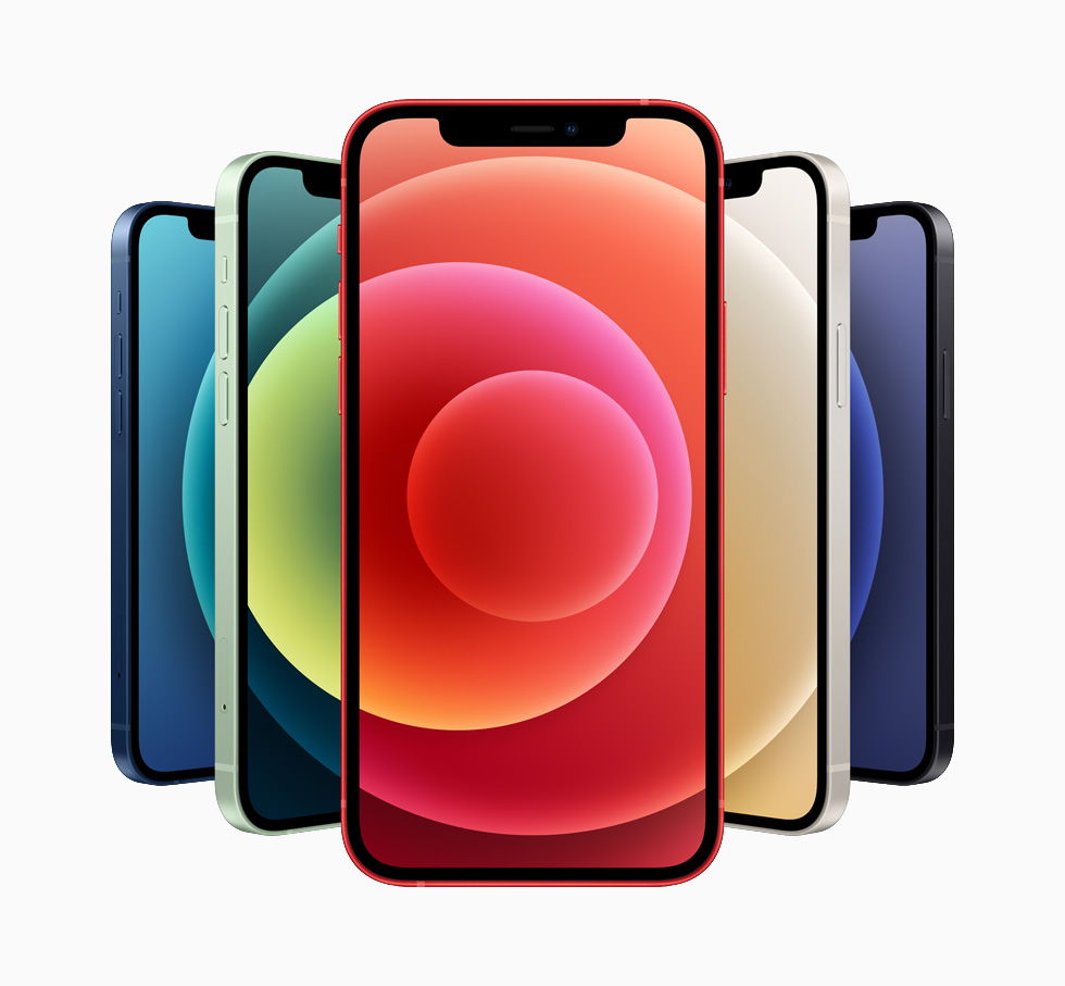 Mavi, kırmızı, yeşil ve siyah alüminyum renkleriyle iPhone 12.