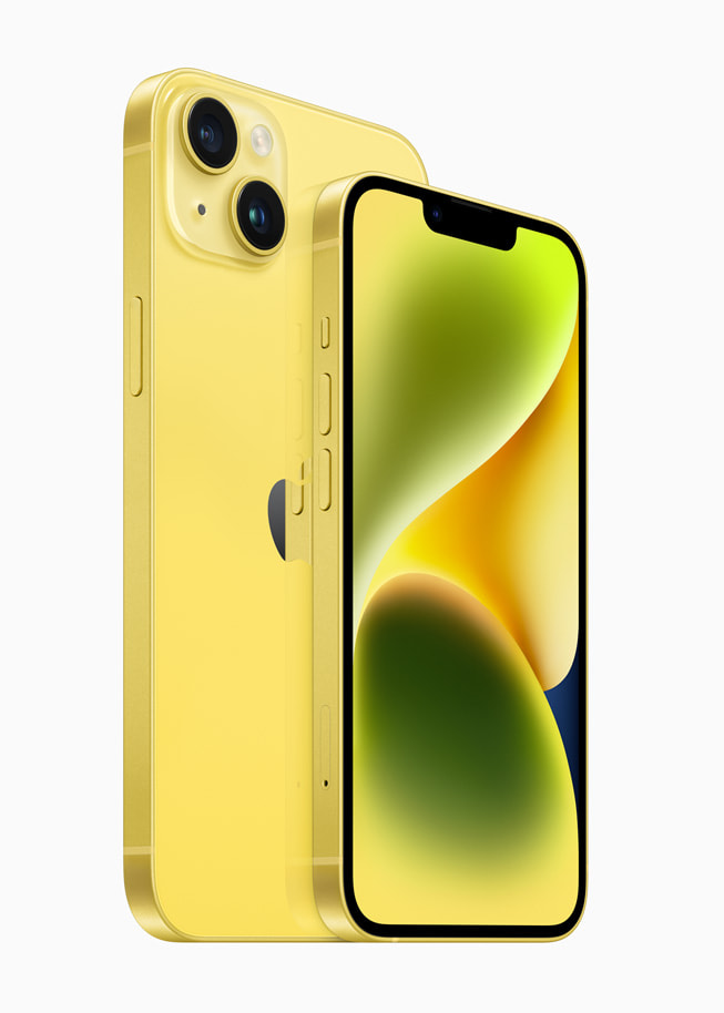 Yeni sarı renkte iPhone 14 ve iPhone 14 Plus gösteriliyor.