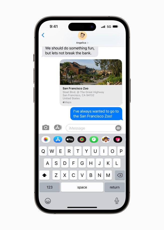 La fiche du Zoo de San Francisco est affichée dans une conversation Messages.