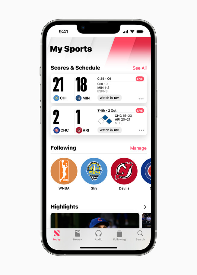 My Sports 섹션을 보여주는 Apple News.