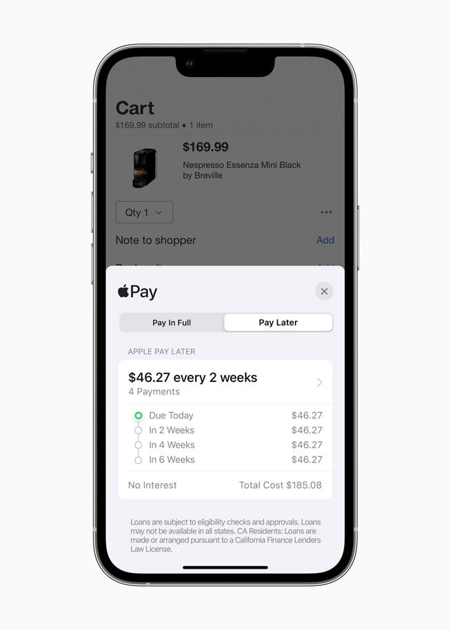 새로운 Apple Pay Later 결제 옵션을 보여주는 iPhone 화면.