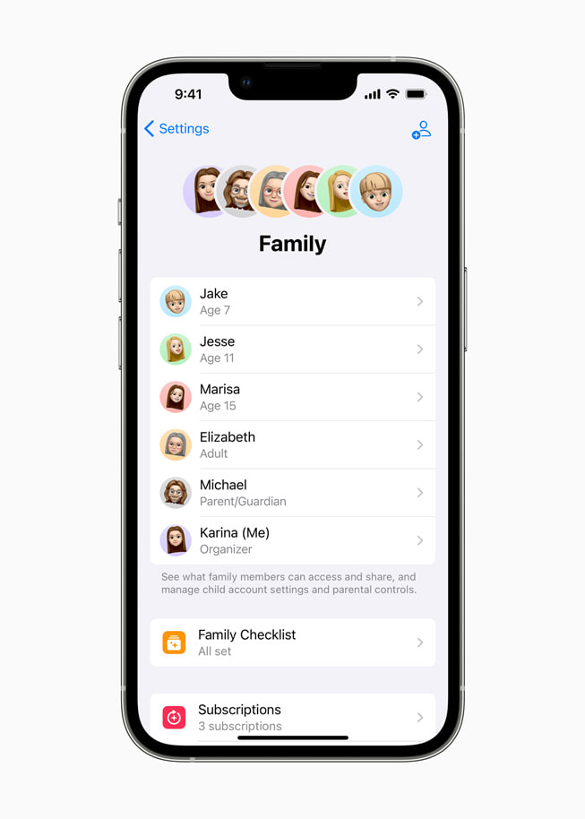 가족 공유 설정을 보여주는 iPhone.