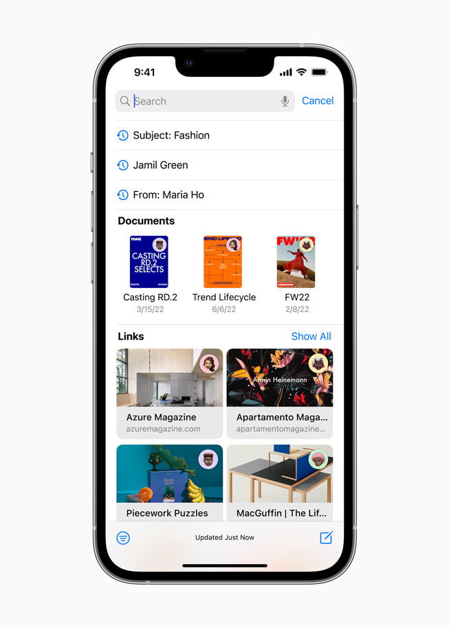 iOS 16이 제공하는 Mail의 새로운 검색 도구를 보여주는 iPhone 화면.