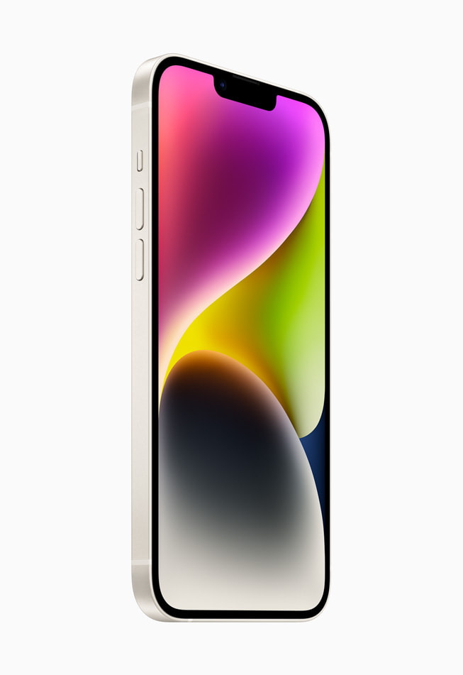 iPhone 14 Plus er vist i farven stjerneskær.