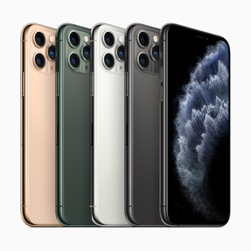 Gece yeşili, uzay grisi, gümüş ve altın renklerde iPhone 11 Pro.