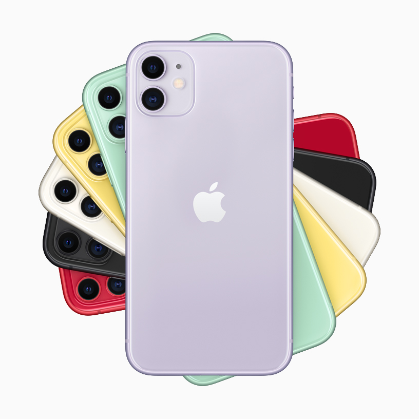 여섯 가지 색상 마감의 iPhone 11 모음.