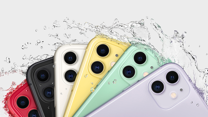 여섯 가지 색상 마감의 iPhone 11에 물이 떨어지고 있다.