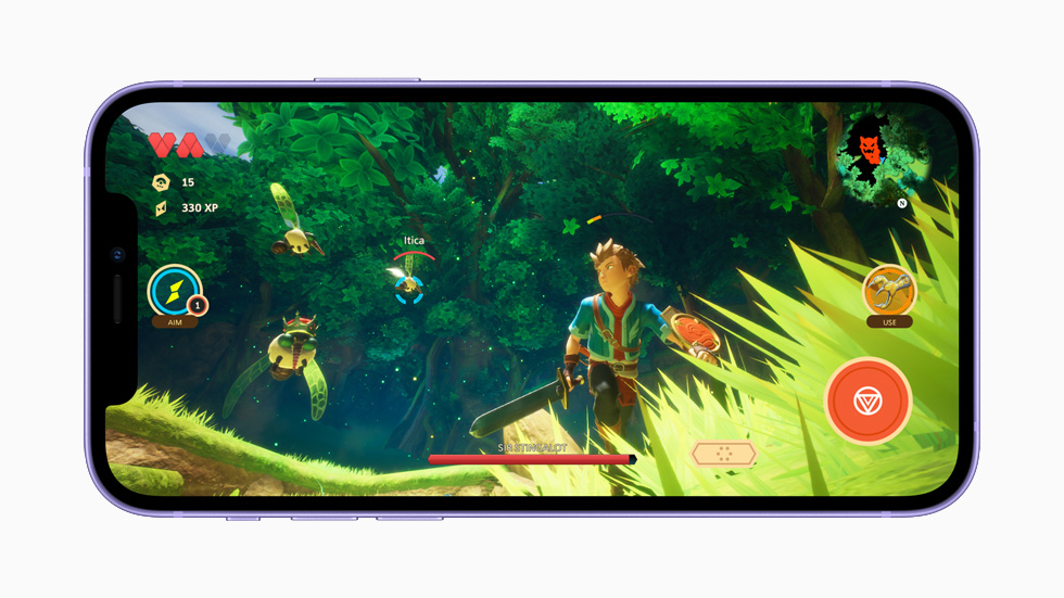 Apple Arcade 게임플레이를 보여주는 iPhone 12. 