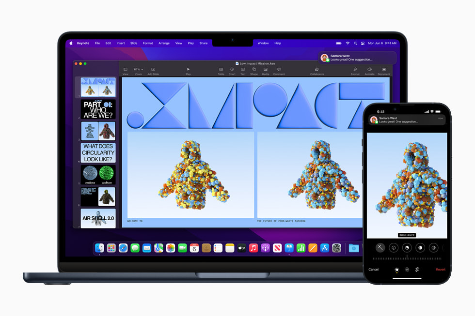 Yıldız ışığı MacBook Air, macOS’teki Süreklilik özelliğinden yararlanarak yıldız ışığı iPhone 13 ile birlikte çalışıyor.