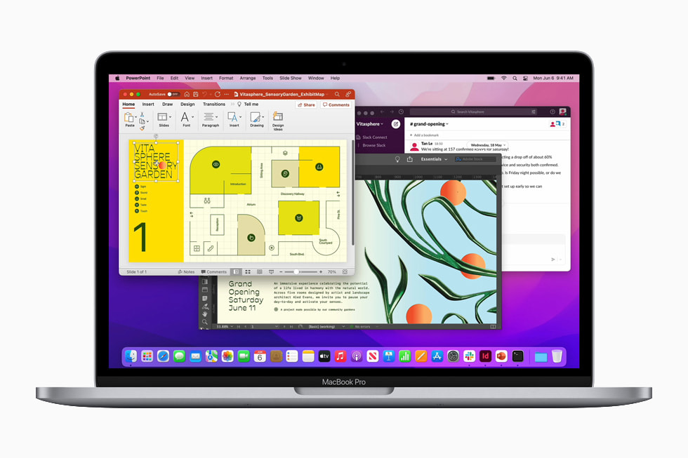 Güncellenen uzay grisi MacBook Pro’da çalışan birden fazla uygulama.