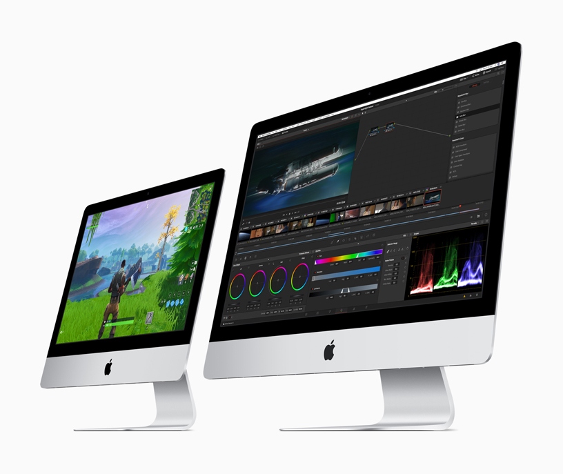 Bir adet 21.5 inç iMac ve bir adet 27 inç iMac yan yana.
