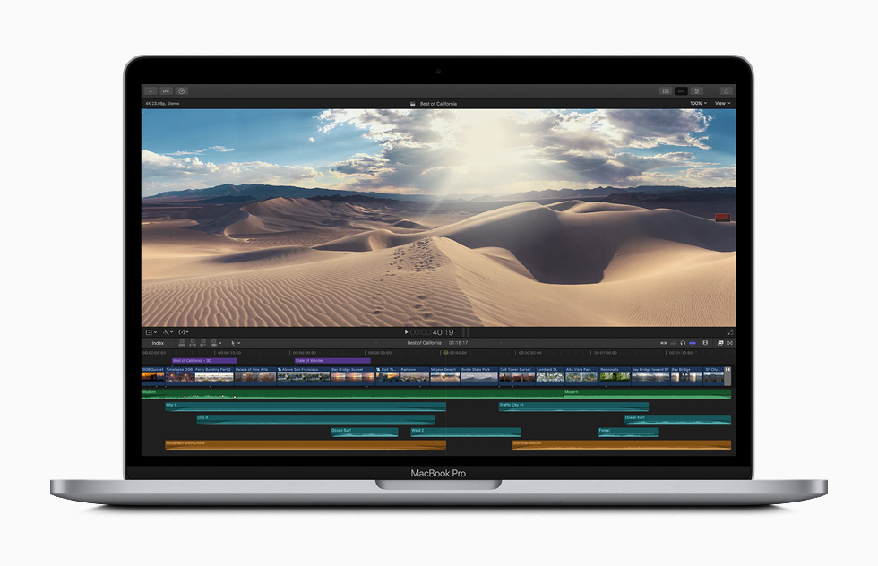 MacBook Pro’da görüntülenen Final Cut Pro X video düzenleme ekranı.
