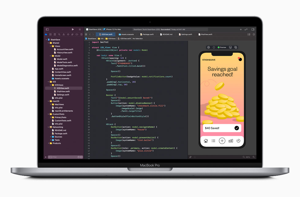 MacBook Pro’da Xcode kodlama ortamı.