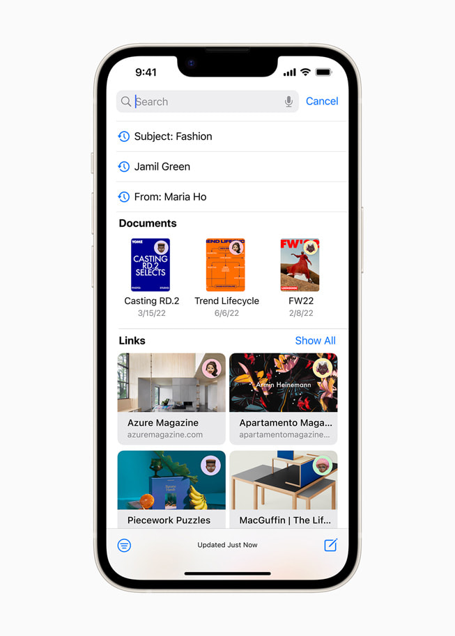 iPhone 14’te iOS 16’daki Mail uygulamasının yenilenmiş arama özelliği gösteriliyor.