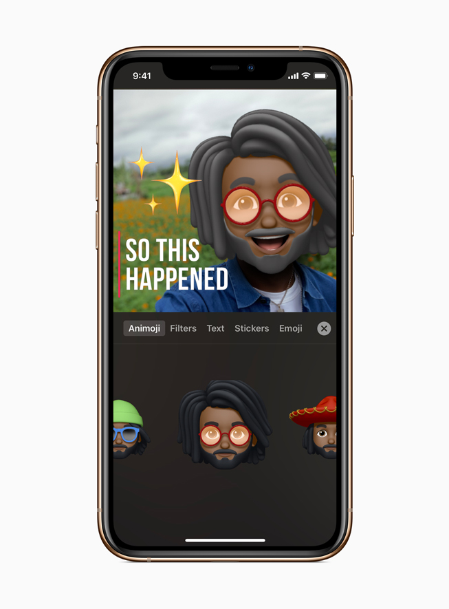 iPhone 11 Pro’daki Clips uygulamasında bir erkek Memoji karakteri.