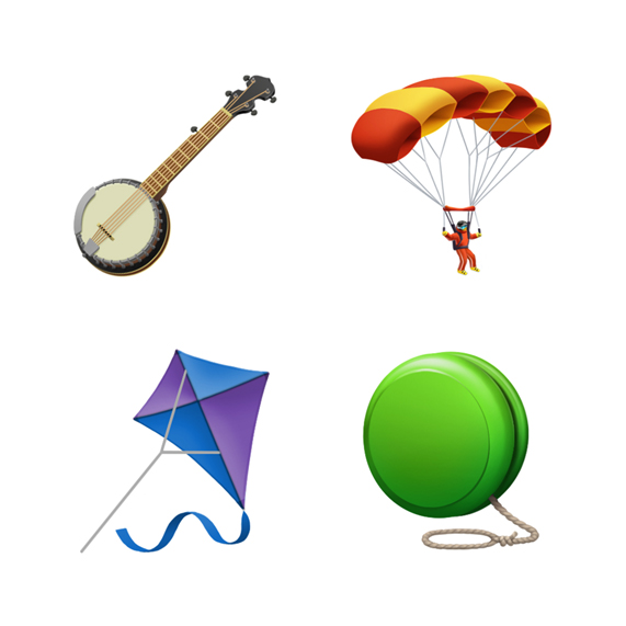 Banjo, paraşüt, uçurtma ve yo-yo emoji’leri.