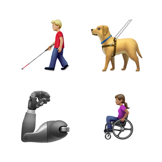 Bastonlu adam, kılavuz köpek, protez kol ve tekerlekli sandalyede kadın emoji’leri.