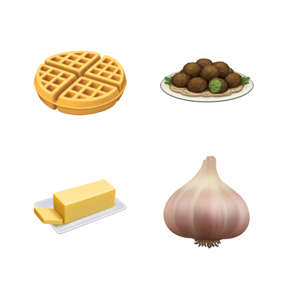 Waffle, falafel, tereyağı ve sarımsak emoji’leri.