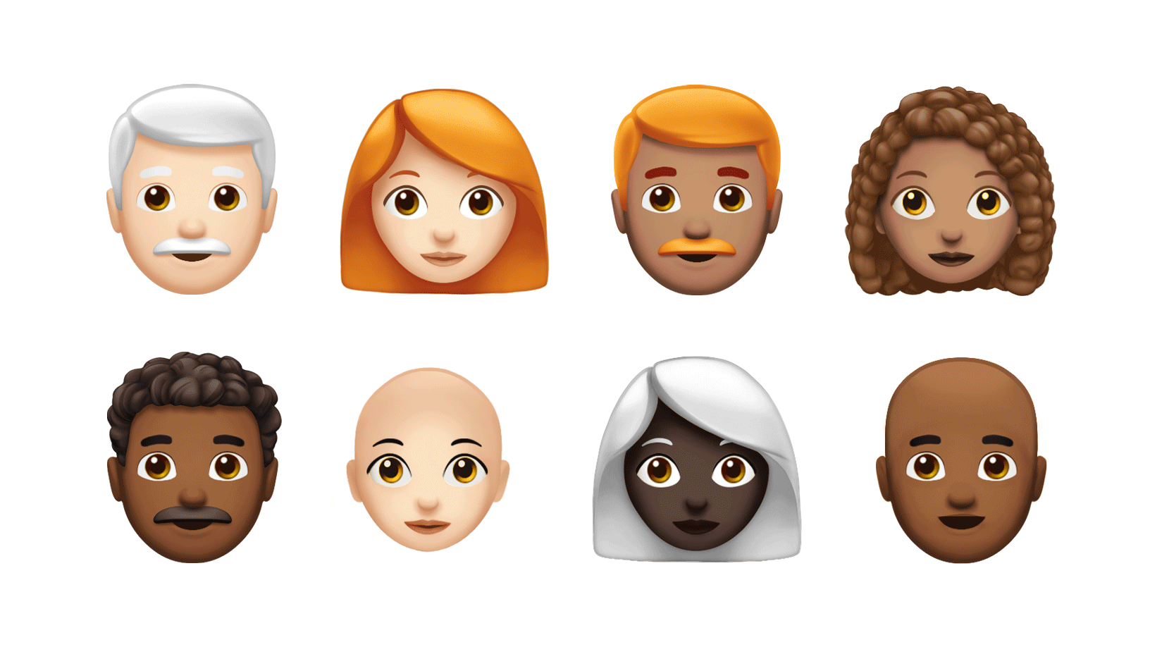 To rækker med nye emojis, herunder én med gråt hår, rødt hår og krøllet hår.