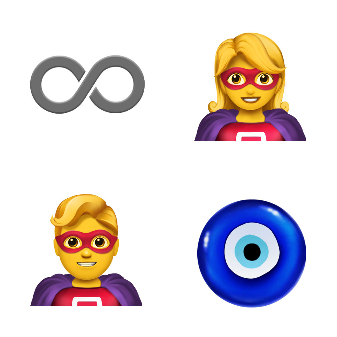 Fire emojis øverst fra venstre med uret: uendelighedstegn, kvindelig superhelt, nazar-amulet og mandlig superhelt.