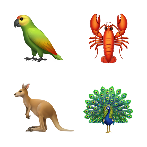 Fire dyre-emojis øverst fra venstre med uret: papegøje, påfugl og kænguru.
