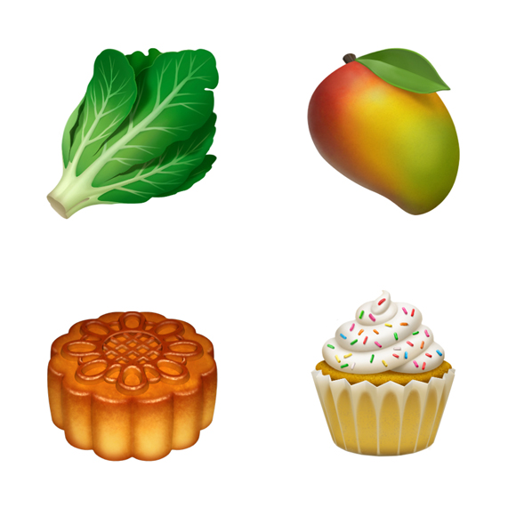 Fire mad-emojis øverst fra venstre med uret: salat. mango, cupcake og månekage.