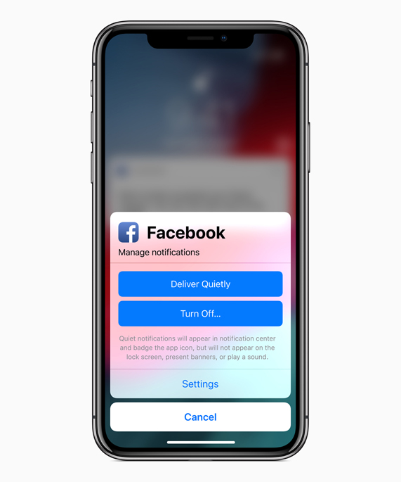 Facebookの通知管理オプションが表示されたiPhone Xの画面。