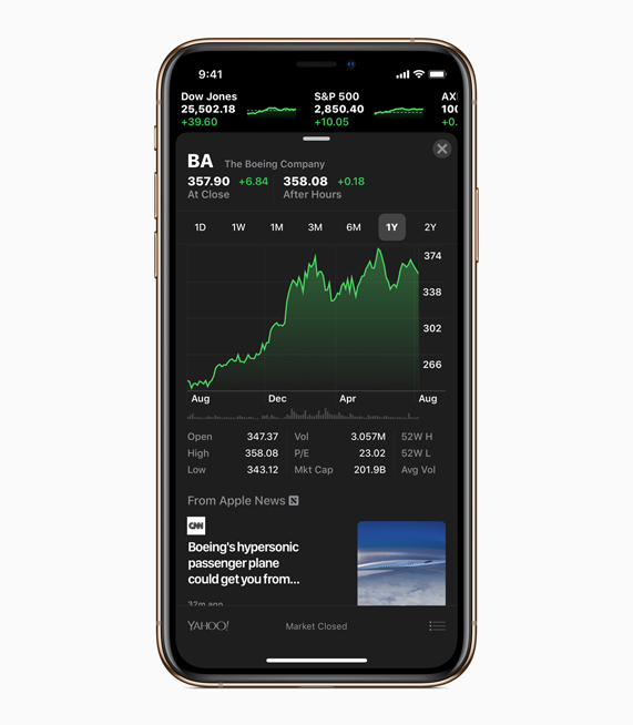 iOS 12’de sunulan yeni Borsa uygulaması özelliklerinin görünümü.