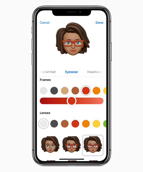 Bir Memoji için farklı gözlük seçeneklerini gösteren iPhone X.