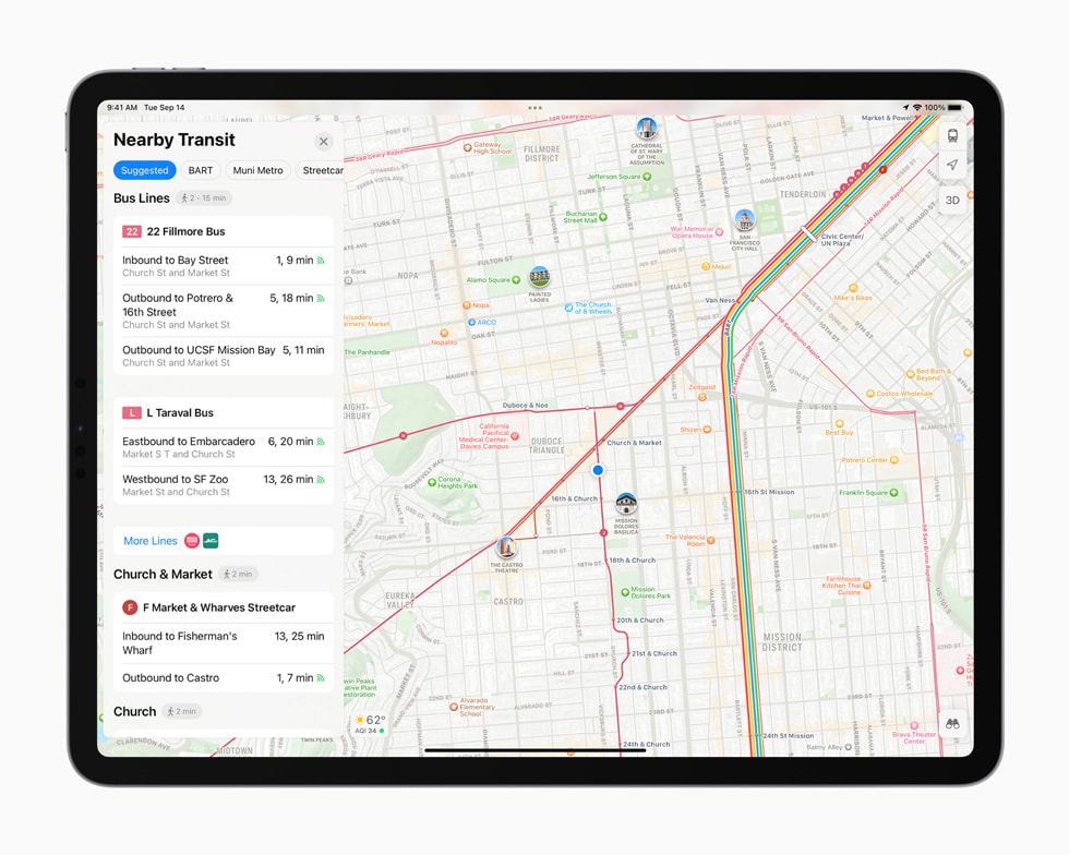 iPad Pro’da yeniden tasarlanan Harita uygulaması görüntüleniyor.