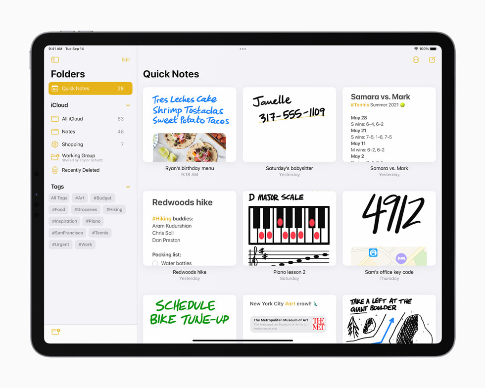 iPad Pro’da Notlar uygulamasında düzenlenmiş Hızlı Notlar görüntüleniyor.