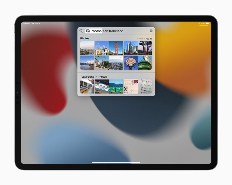 iPad Pro’da Spotlight’ta yeni arama deneyimi görüntüleniyor.