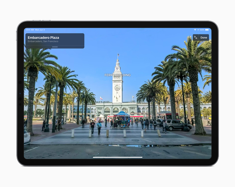 San Francisco’daki Embarcadero Plaza’nın iPad üzerinde Look Around görünümü. 