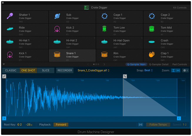 Logic Pro X의 Drum Machine Designer 도구.