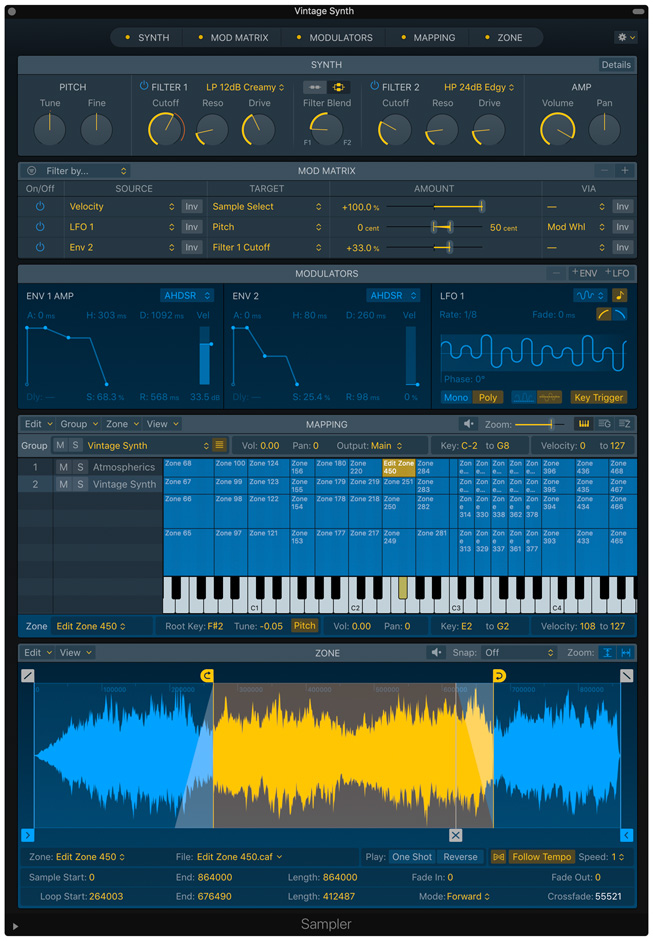 Logic Pro X의 Sampler 화면.