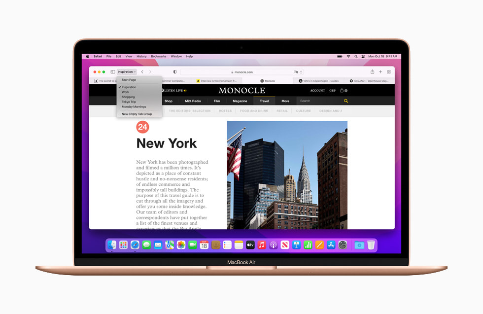 macOS Monterey’deki Safari uygulamasının Sekme Grupları MacBook Air’de gösteriliyor.