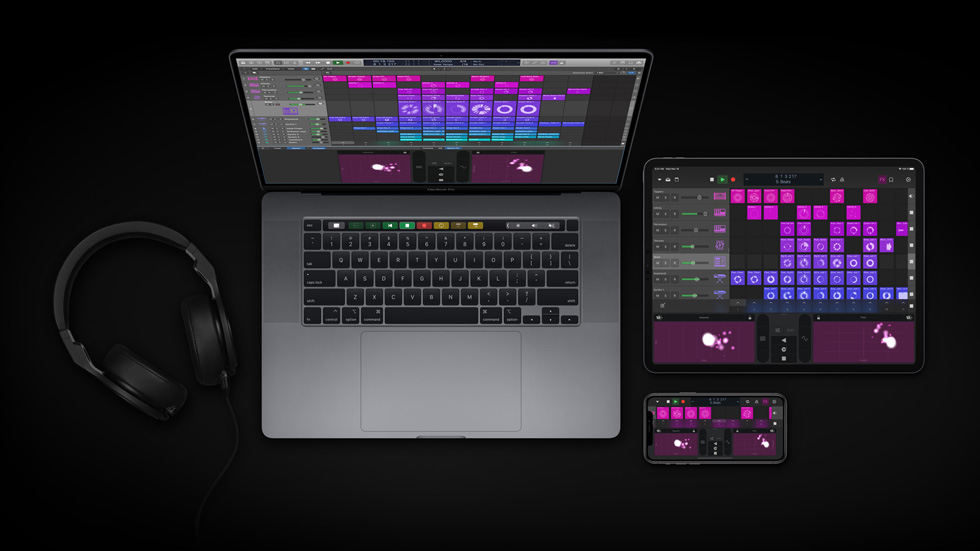 MacBook Pro, iPad Pro 및 iPhone에서의 Logic Pro.