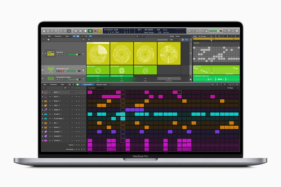 MacBook Pro에서의 Logic Pro X의 Step Sequencer 도구.