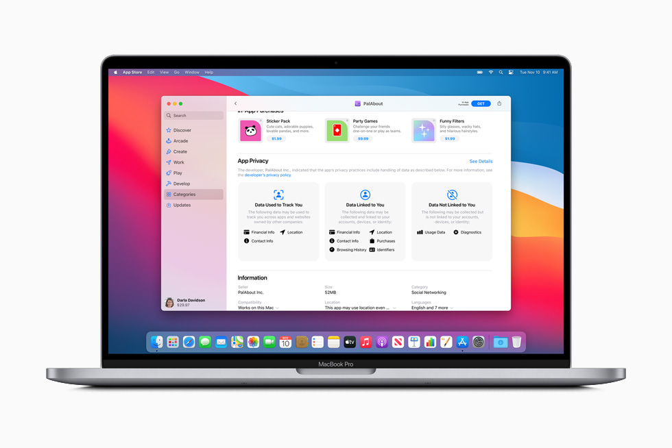 Pal 앱의 개인 정보 보호 현황의 요약이 표시된 MacBook Pro. 