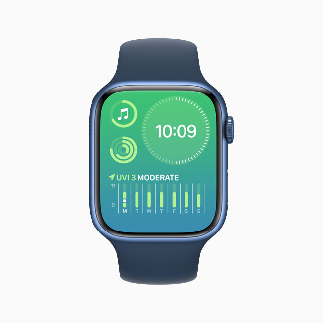 업데이트된 콤팩트 모듈 시계 페이스를 보여주는 Apple Watch Series 7.