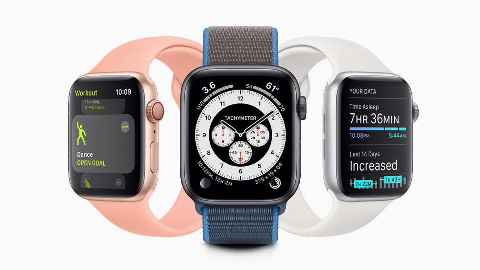 Farklı Apple Watch Series 5’lerde Dans antrenmanı, Cronograph Pro saat kadranı ve uyku izleme özelliği gösteriliyor.
