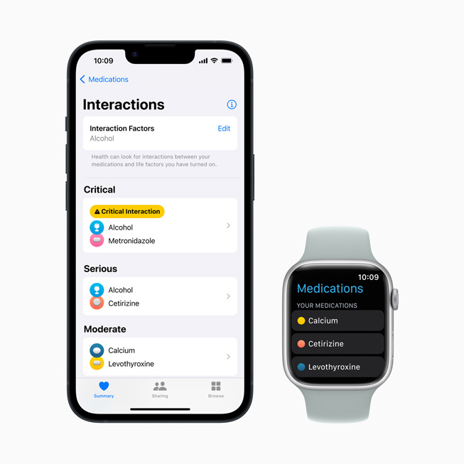 Apple Watch Series 8’in yanında telefonda, olası etkileşimleri ve ilaç listelerini de içeren İlaçlar deneyimi gösteriliyor. 