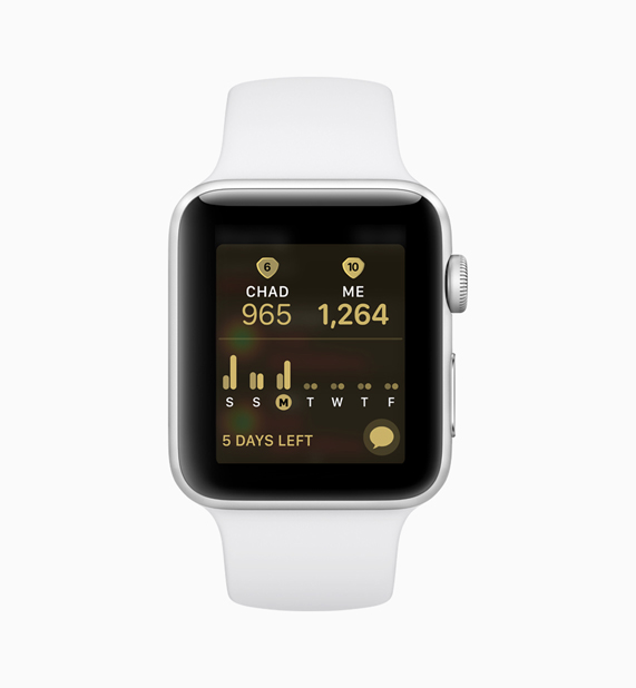 İki kişi arasındaki aktivite yarışması yazılımını gösteren beyaz Apple Watch