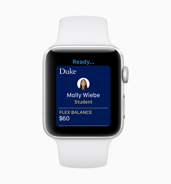 Yeni Öğrenci Kimliği özelliği ekranını gösteren beyaz Apple Watch