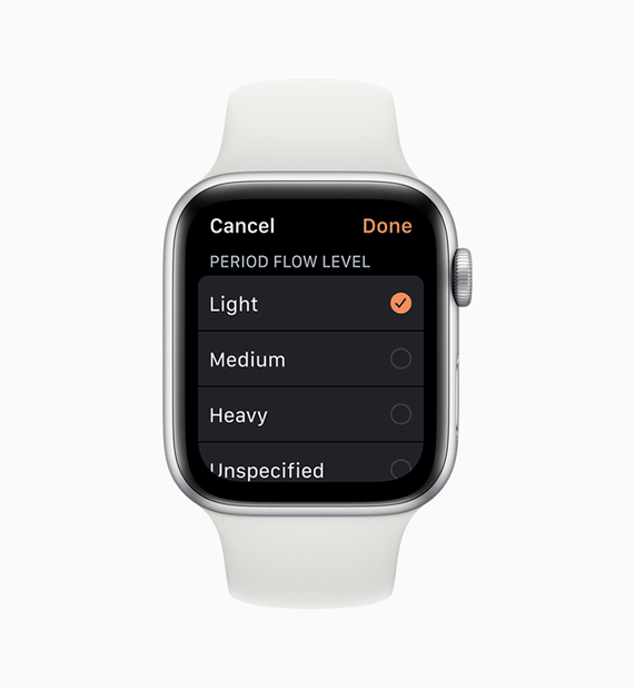Apple Watch’ta Cycle Tracking uygulamasında regl menüsü gösteriliyor.